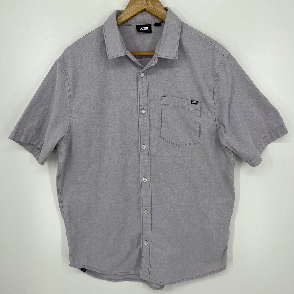 Vans Mens Short Sleeve Button Down Shirt Large Purple Grey Textured Skate Casual